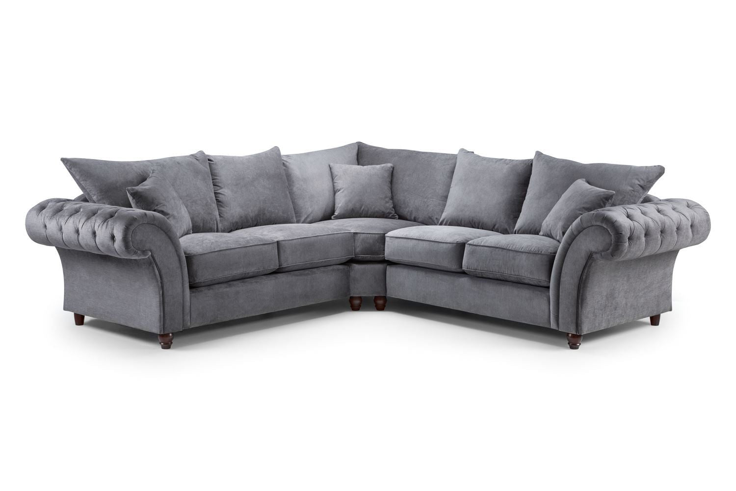 Grey Fabric Large Fullback Corner Sofa Buttoned Scroll Arms