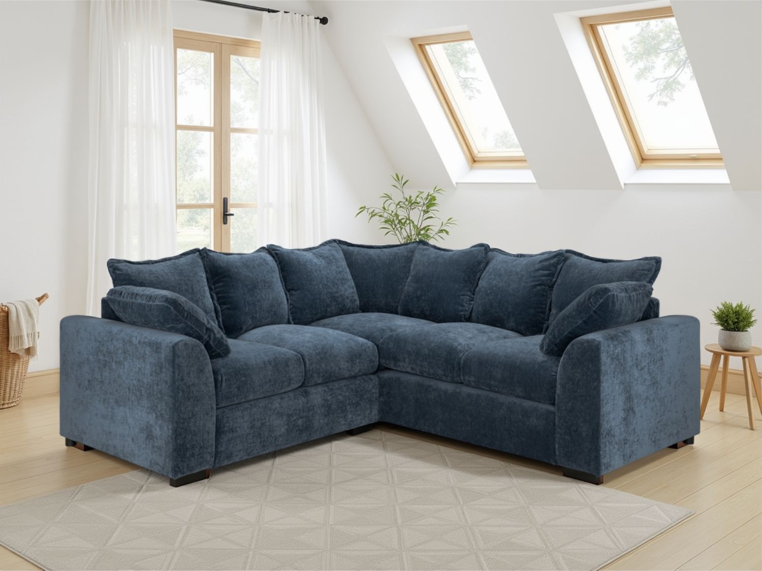 Blue Fabric Pillow Back Large Corner Sofa Group