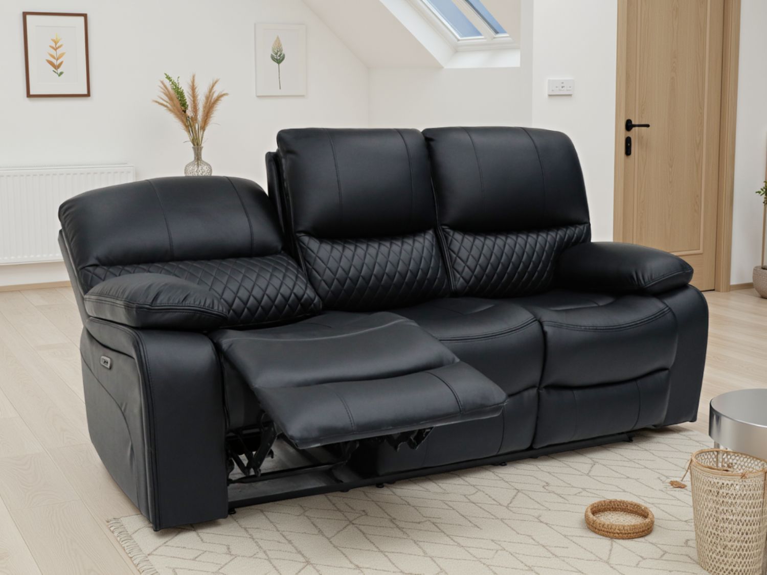 Black Leather 3 Seater Electric Recliner Sofa with Console