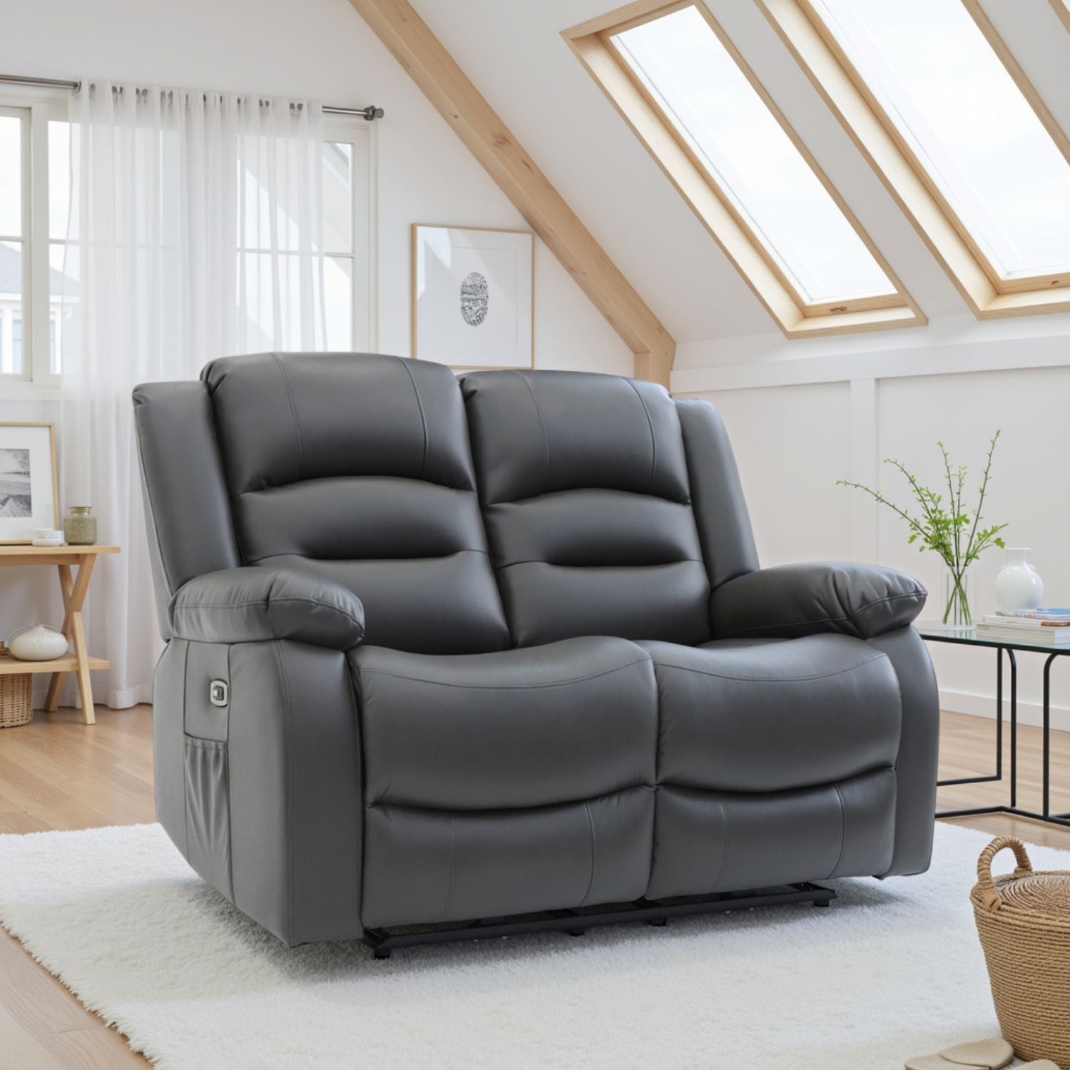 Grey Leather Effect 2 Seater Electric Recliner Sofa