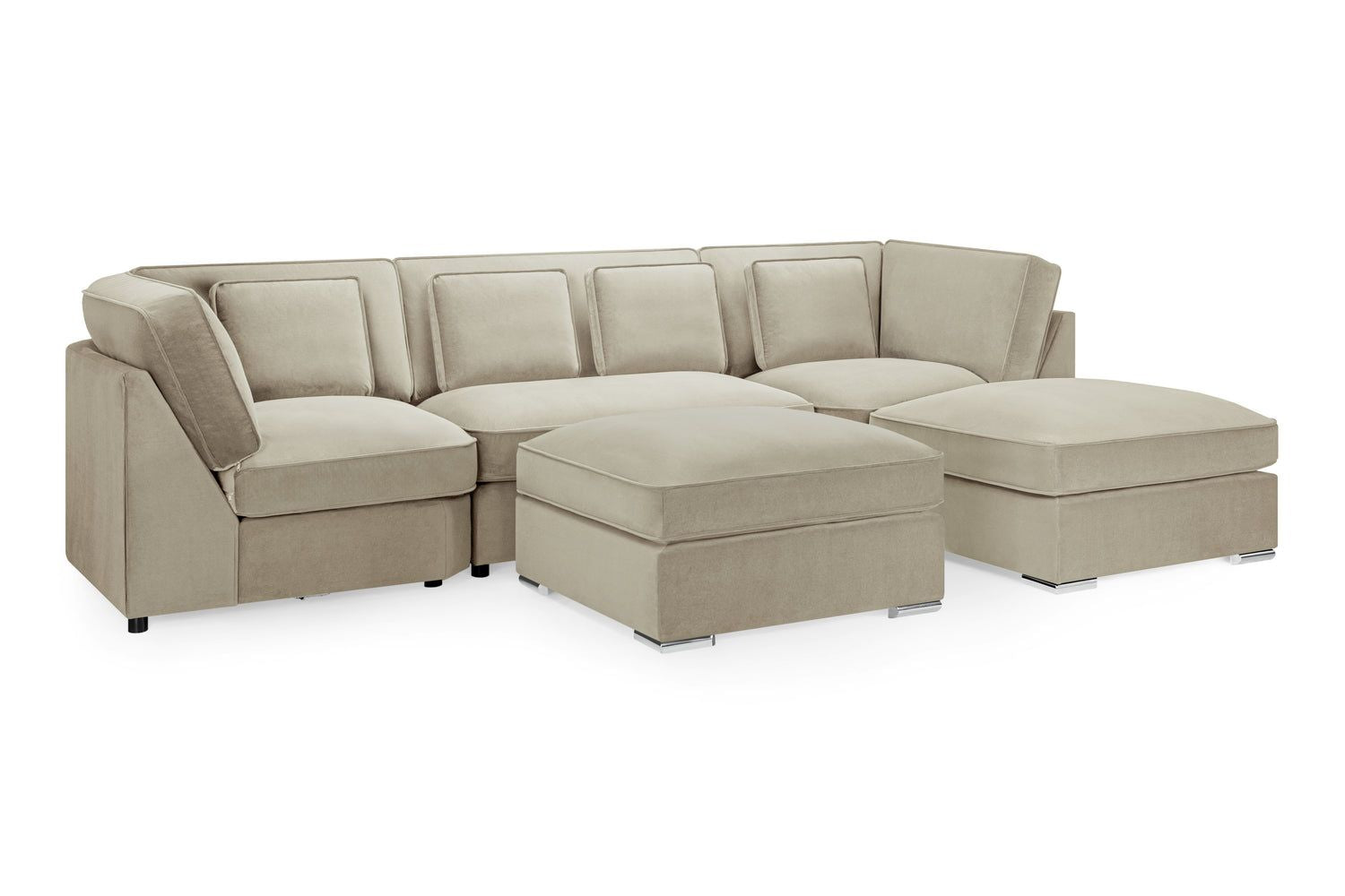 Beige Velvet U Shape Large Corner Sofa with Footstool