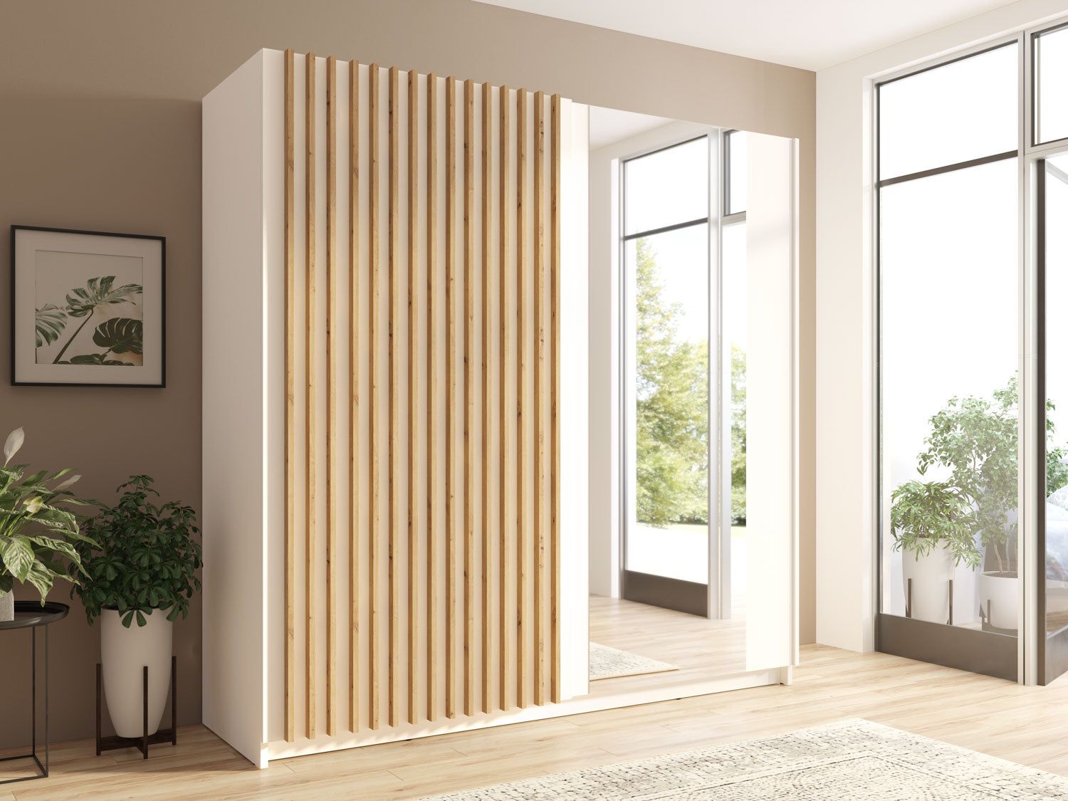 Mirrored White Oak 2 Door Sliding Double Wardrobe 200cm Wide