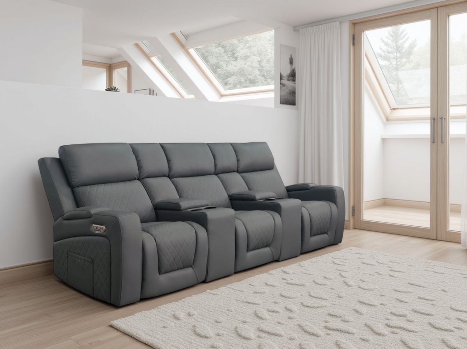 Grey Leather Cinema 3 Seater Electric Recline Sofa