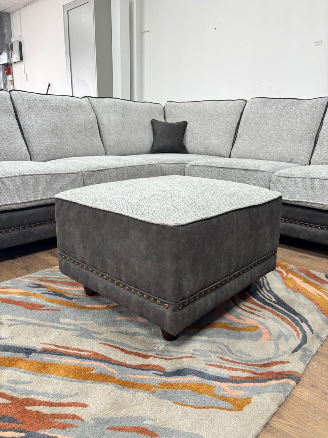 Grey Leather Effect White Fabric Top Footstool