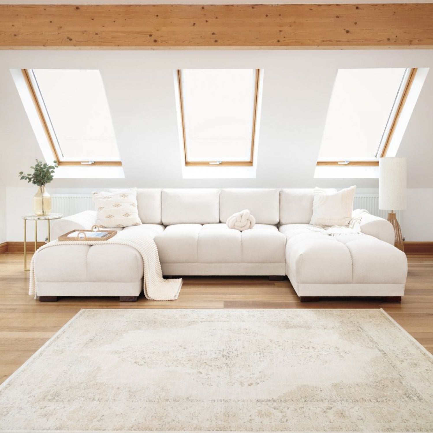 Cream Chenille Fabric Upholstered U Shape Corner Sofa Bed