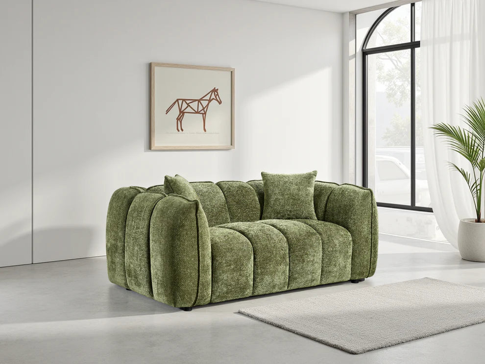 Olive Green Fabric Channel Tufted Design 2 Seater Sofa