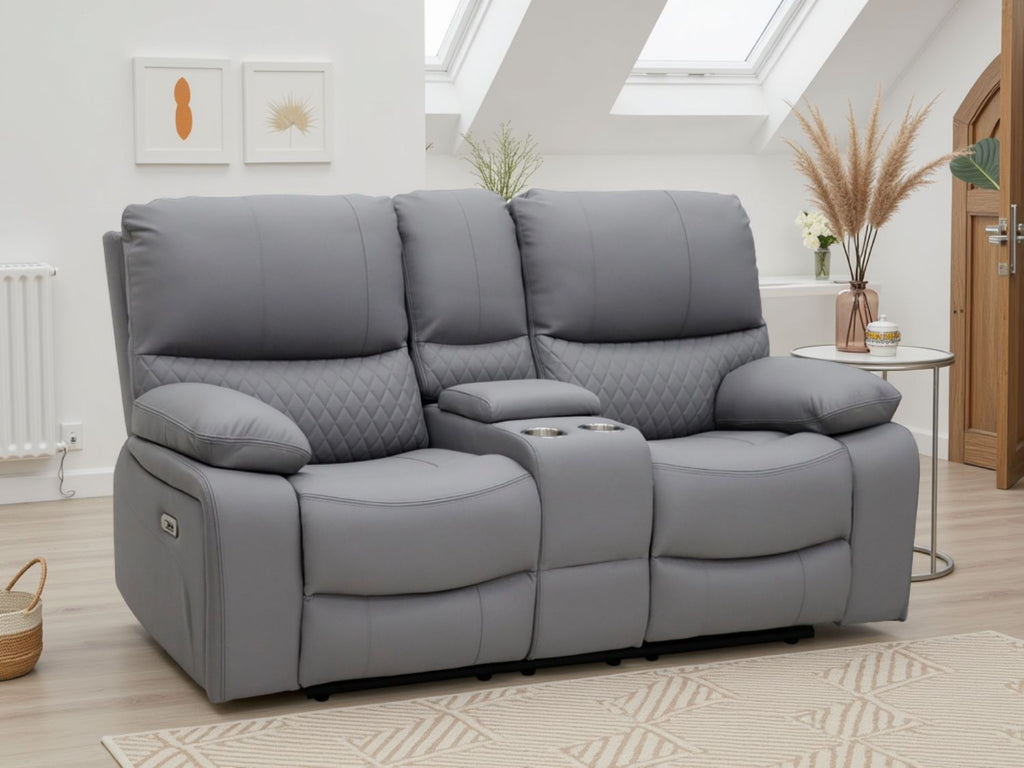 Grey Leather 2 Seater Electric Recliner Sofa with Console