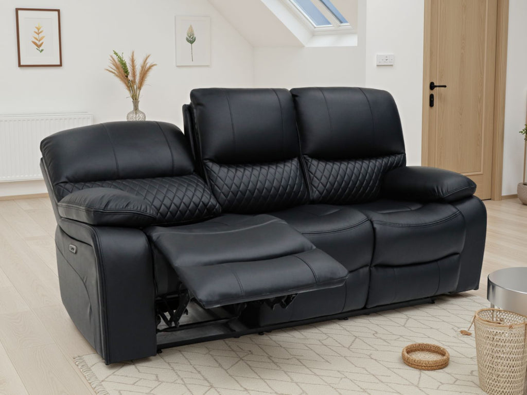 Black Leather 3 Seater Electric Recliner Sofa with Console