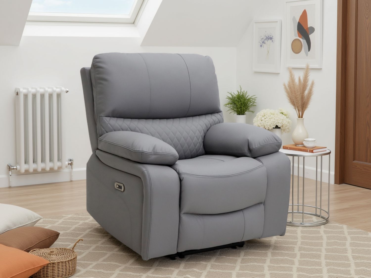 Grey Leather Quilted Back Electric Recliner Armchair