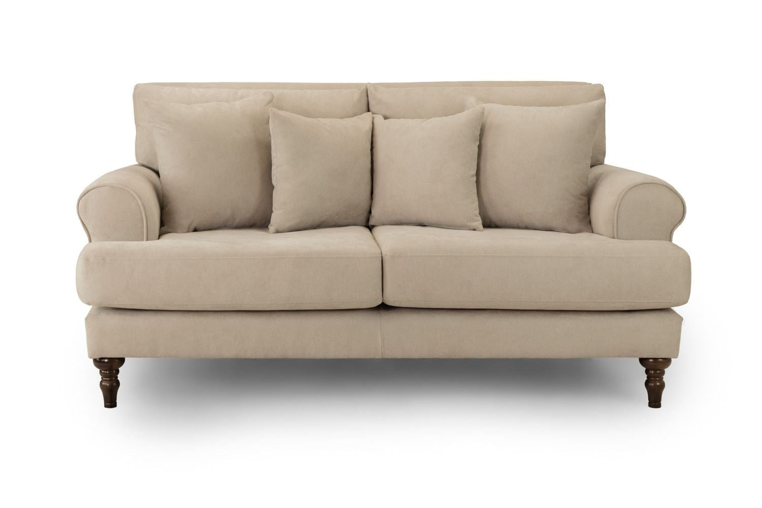 Beige Fabric 2 Seater Scrolled Arms Sofa with Wooden Feet