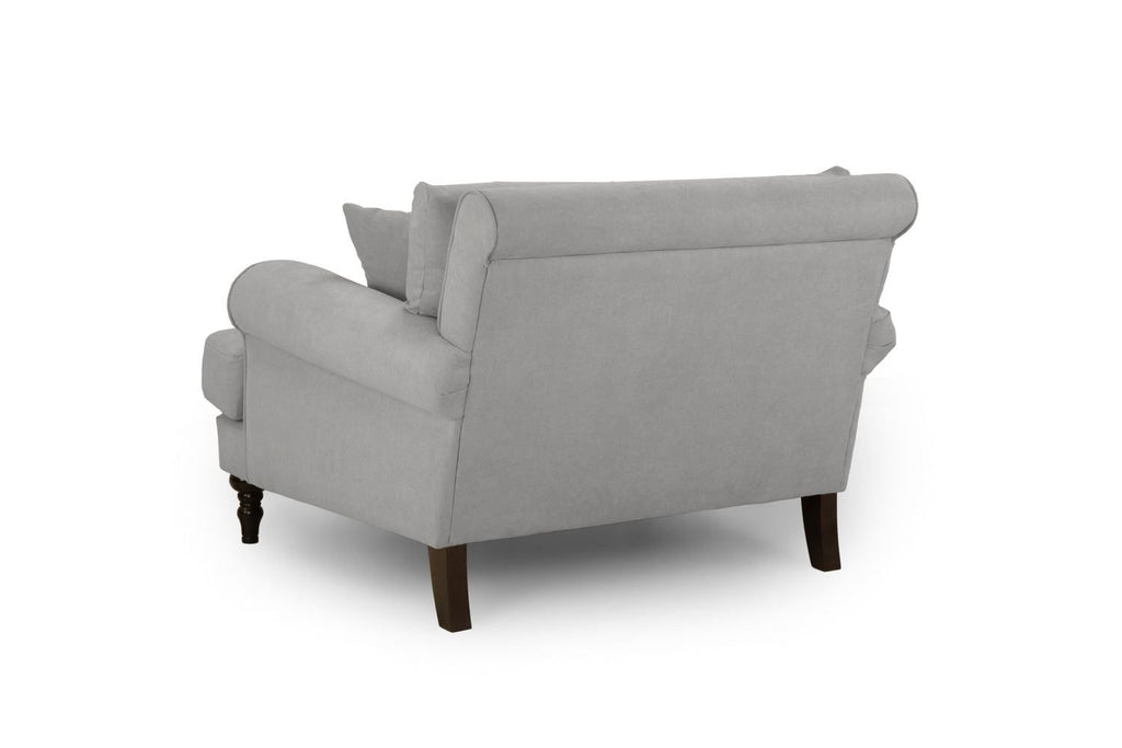 Grey Fabric Scrolled Armed Armchair Turned Wooden Legs