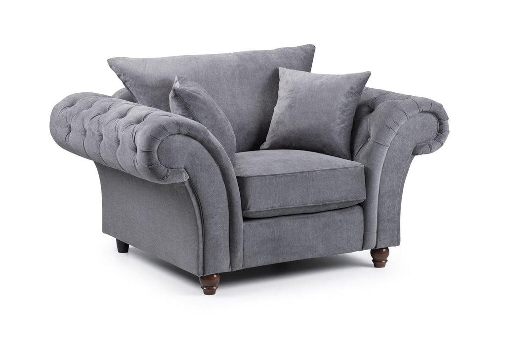 Grey Fabric Fullback Armchair Button Tufted Scroll Arms