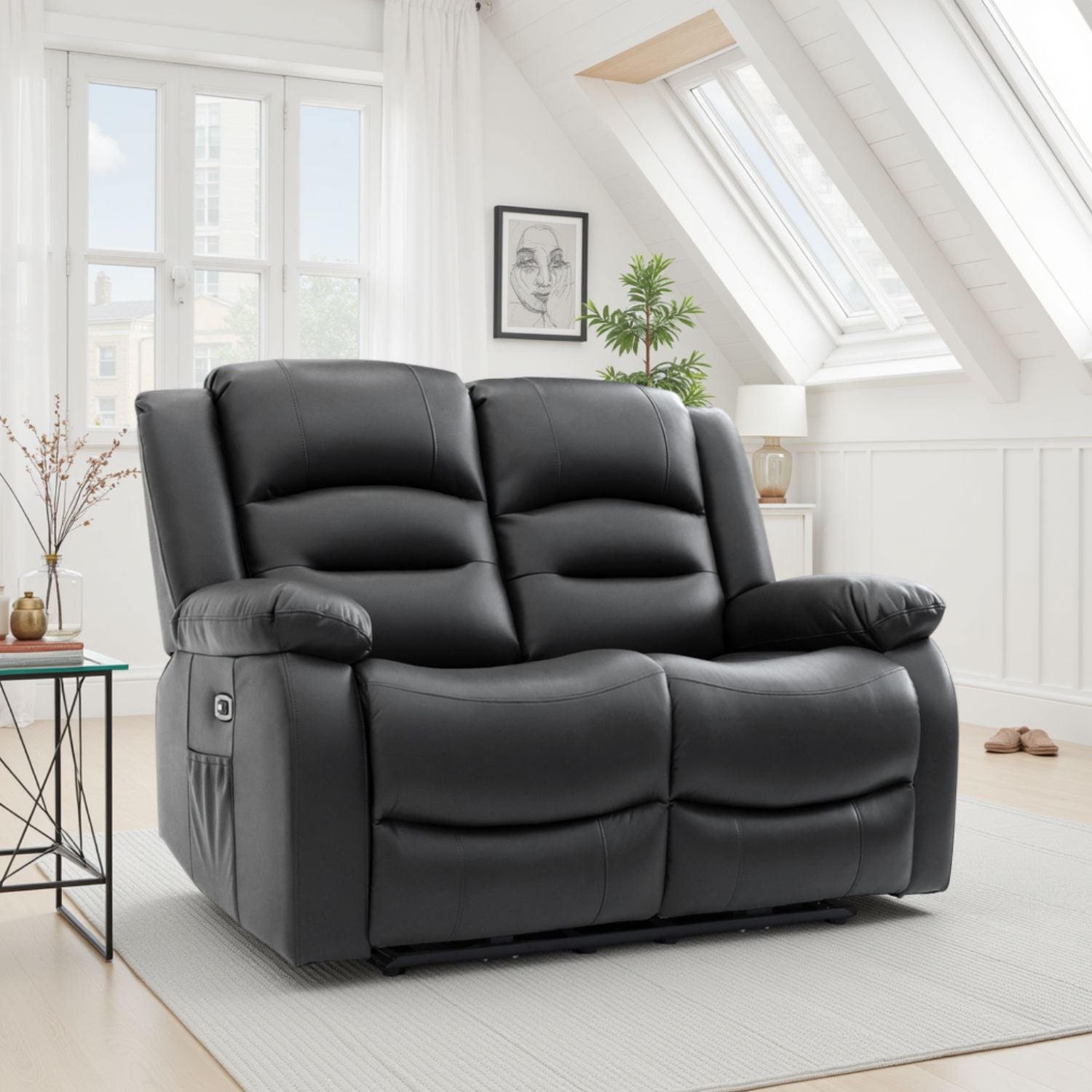 Black Leather Effect 2 Seater Electric Recliner Sofa