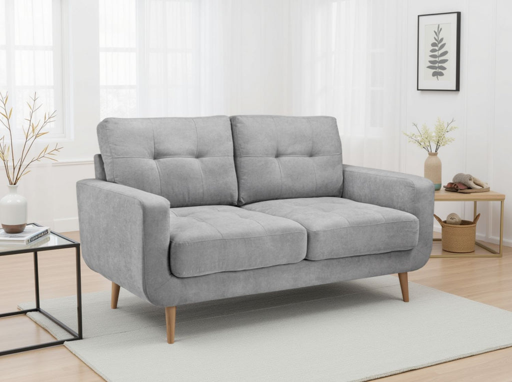 Grey Fabric Tufted 2 Seater Sofa Oak Legs
