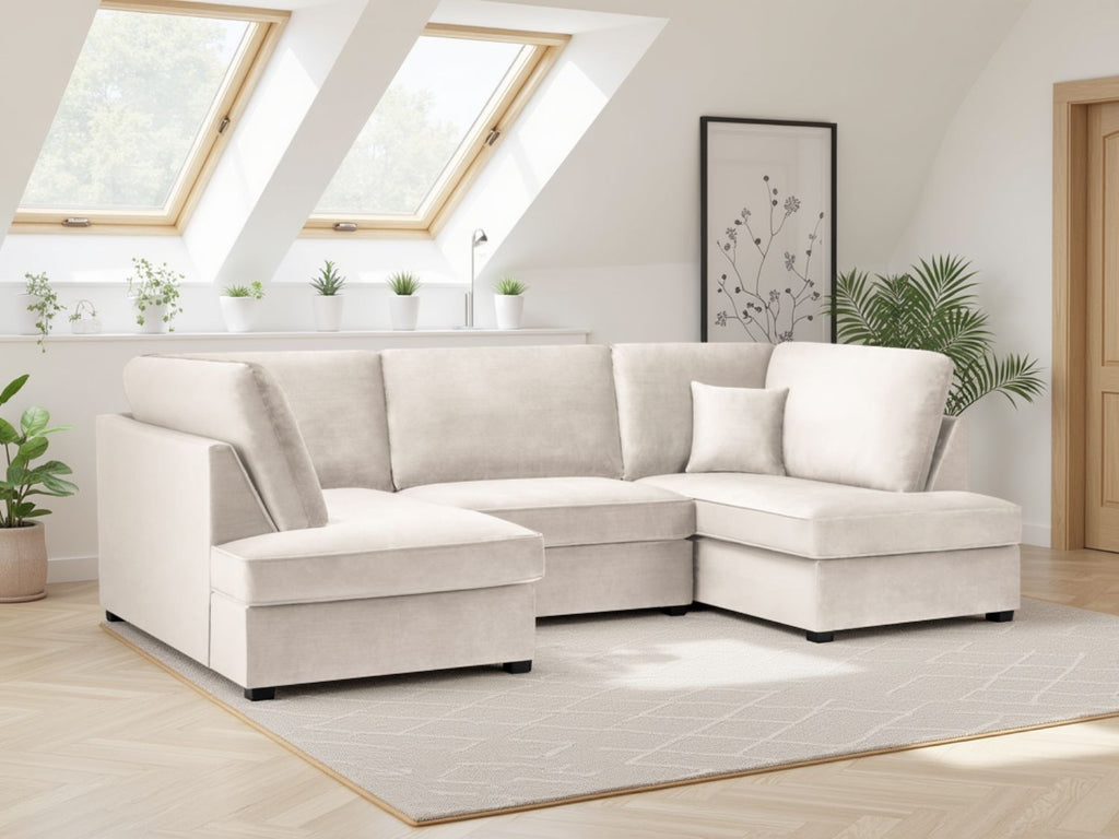Beige Fabric U Shaped Corner Sofa Wooden Feet