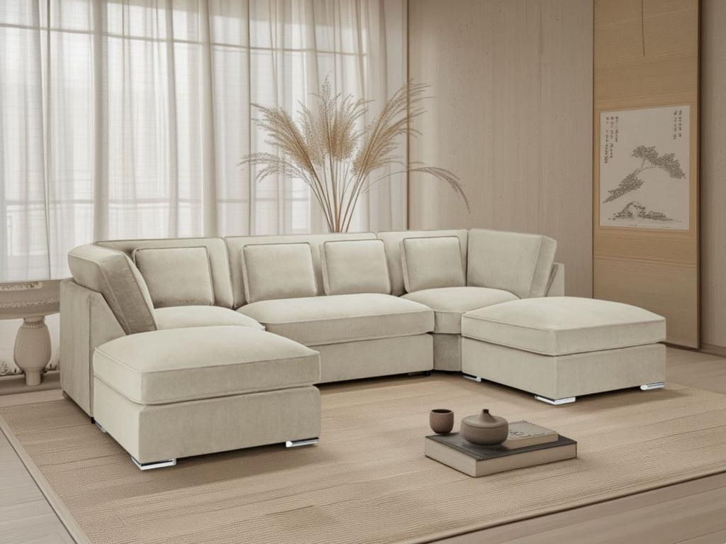 Beige Velvet U Shape Large Corner Sofa with Footstool