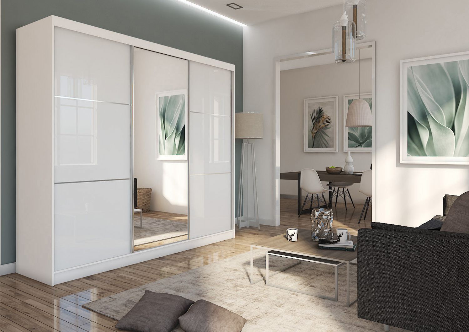 White Gloss Sliding Wardrobe with Central Mirror Door 240cm