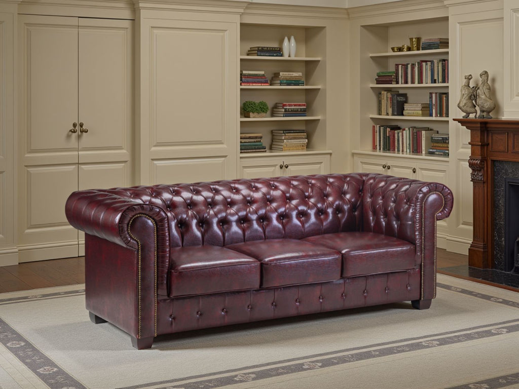 Red Leather Buttoned 3 Seater Chesterfield Sofa