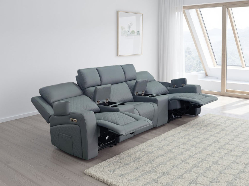 Grey Leather Cinema 3 Seater Electric Recline Sofa