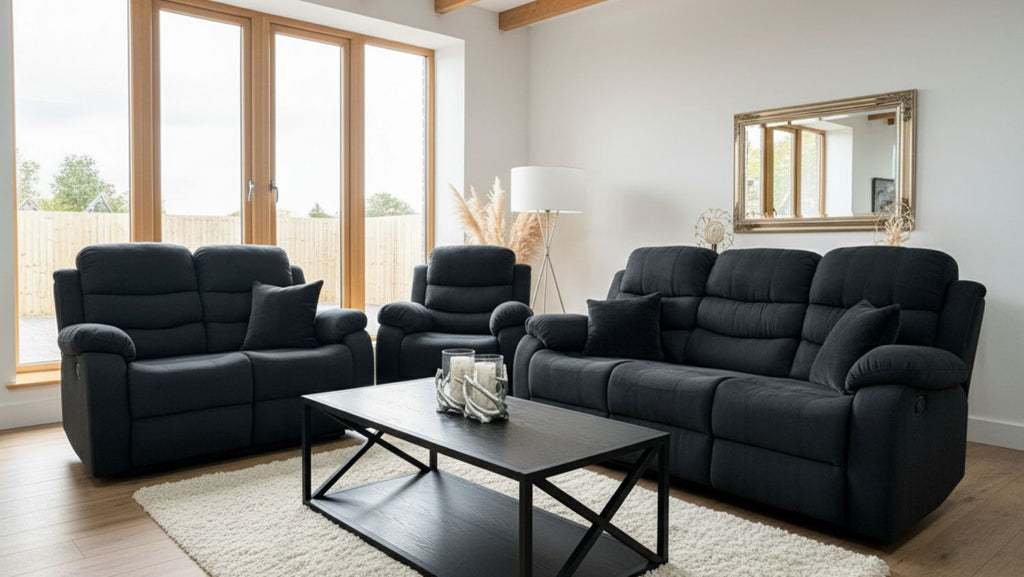 Black Fabric 3 Seater Manual Recliner Sofa Set 3+2+1