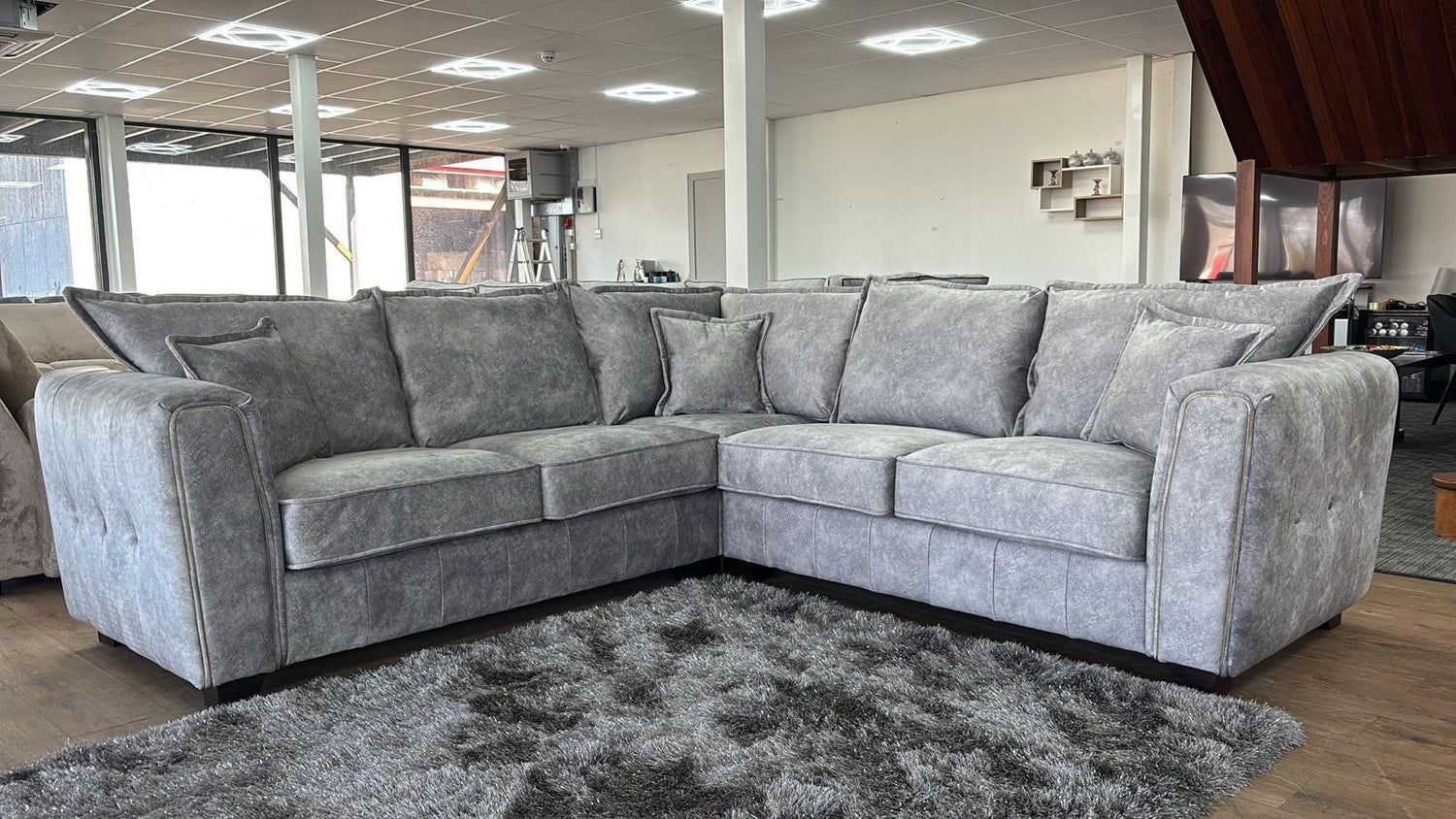 Silver Grey Velvet Effect Fabric High Back Large Corner Sofa