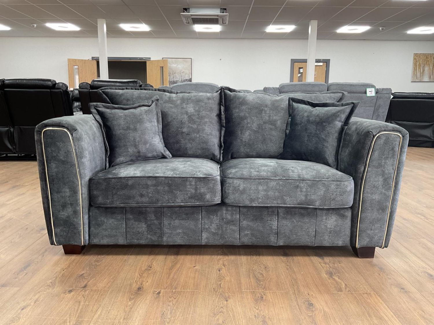 Charcoal Black Velvet Fabric 2 Seater Sofa Metal Trim Arms