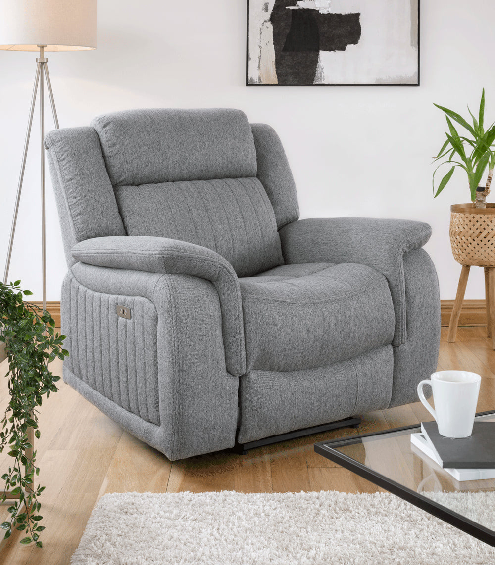 Grey Fabric Electric Recliner Armchair Pillow Top Arms