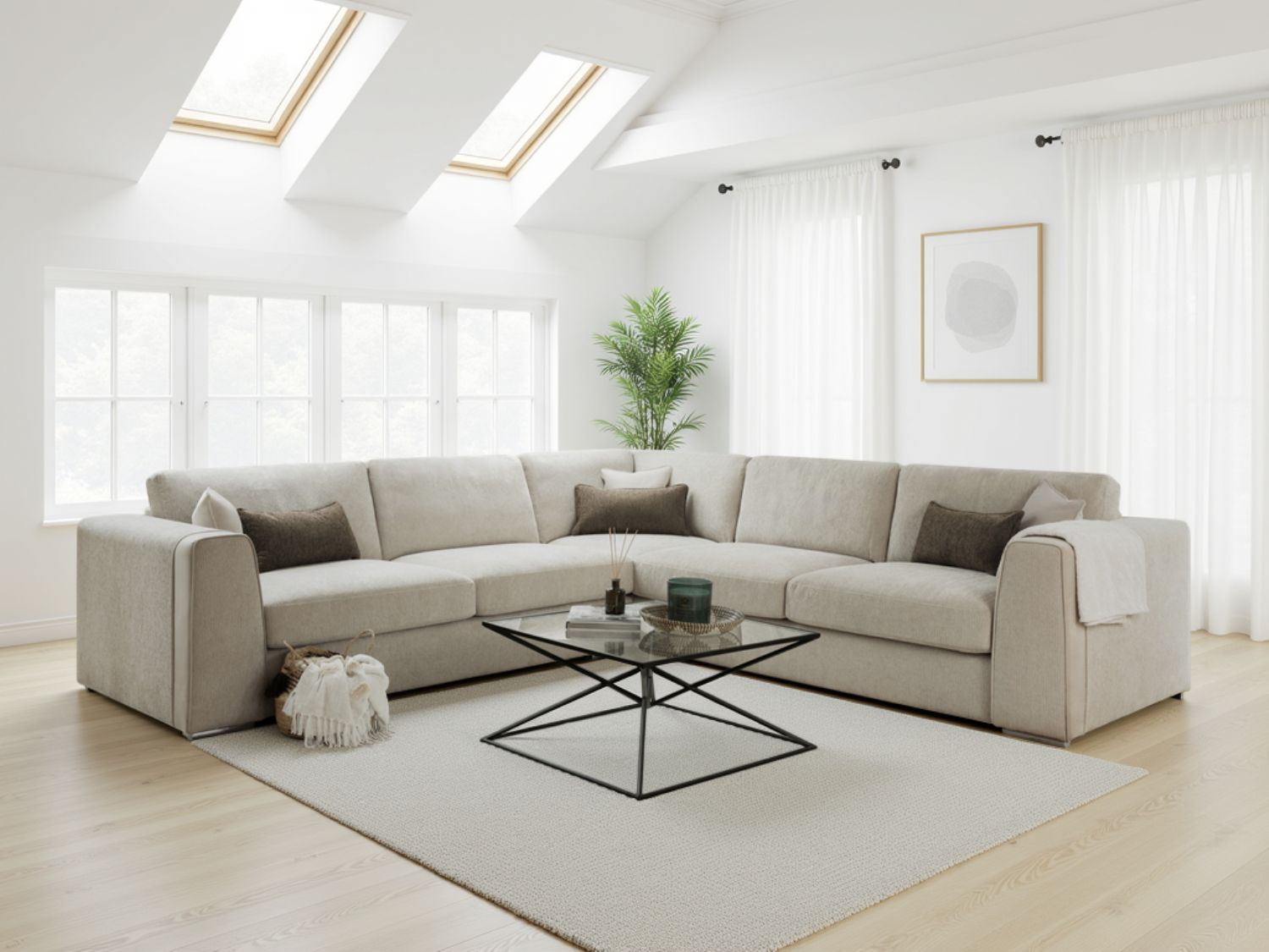 Beige Fabric Large Corner Sofa Group