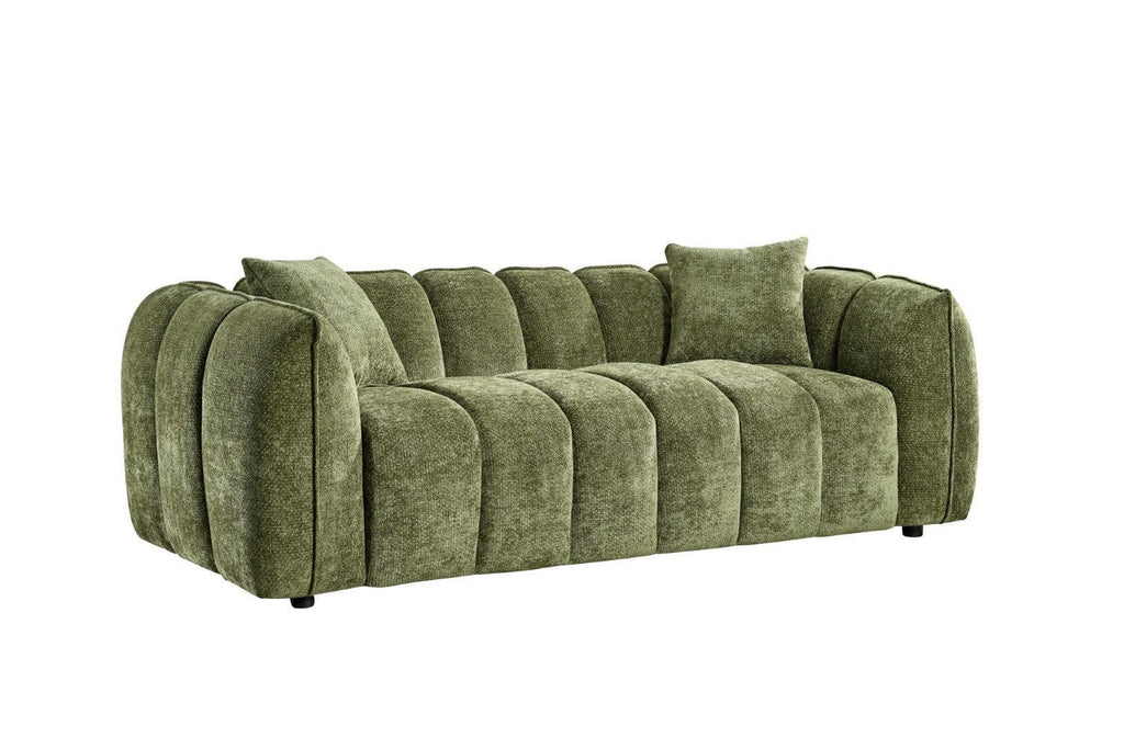 Olive Green Fabric Channel Tufted Design 3 Seater Sofa