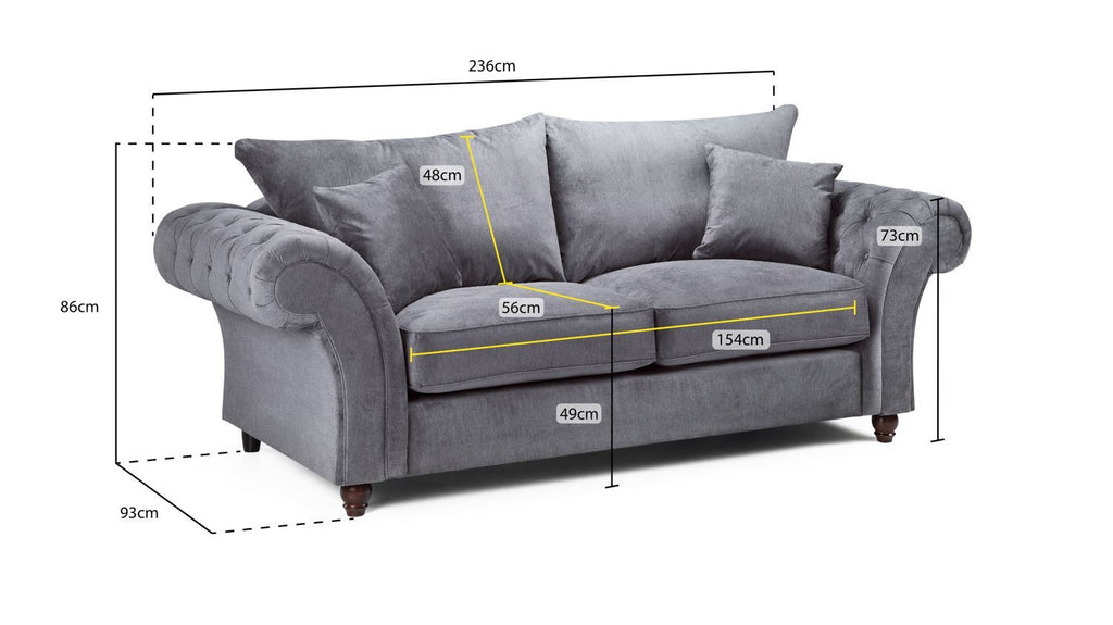 Stone Fabric Buttoned Back Fullback 3 Seater Sofa Scroll Arm