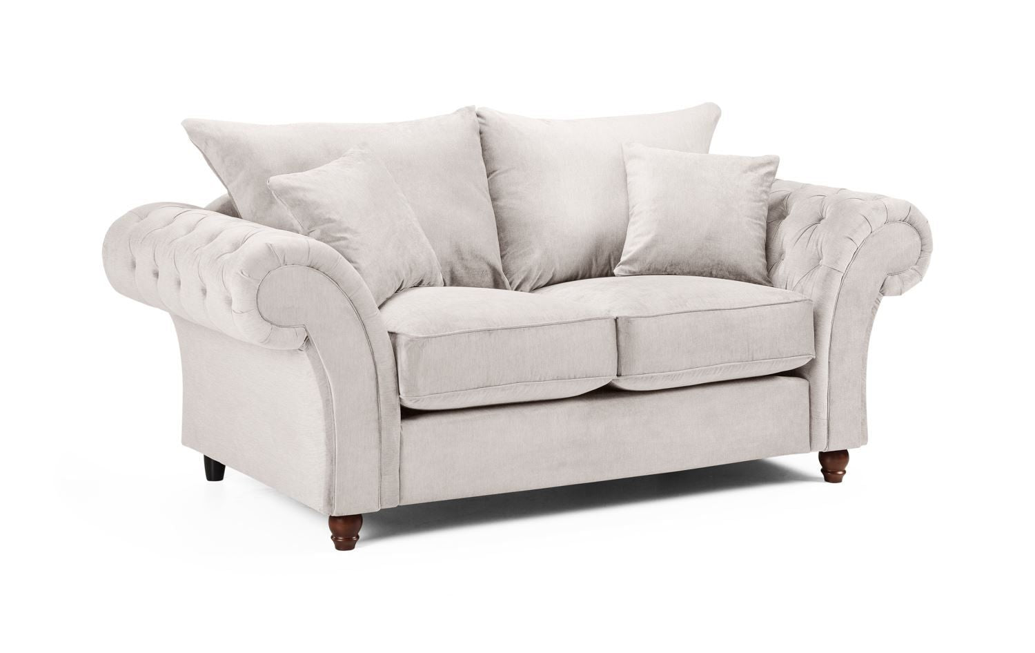 Stone Fabric Buttoned Fullback 2 Seater Sofa Scroll Arms