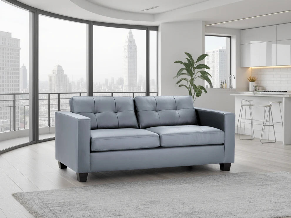 Grey Leather Effect 3 Seater Sofa Boxy Shaped