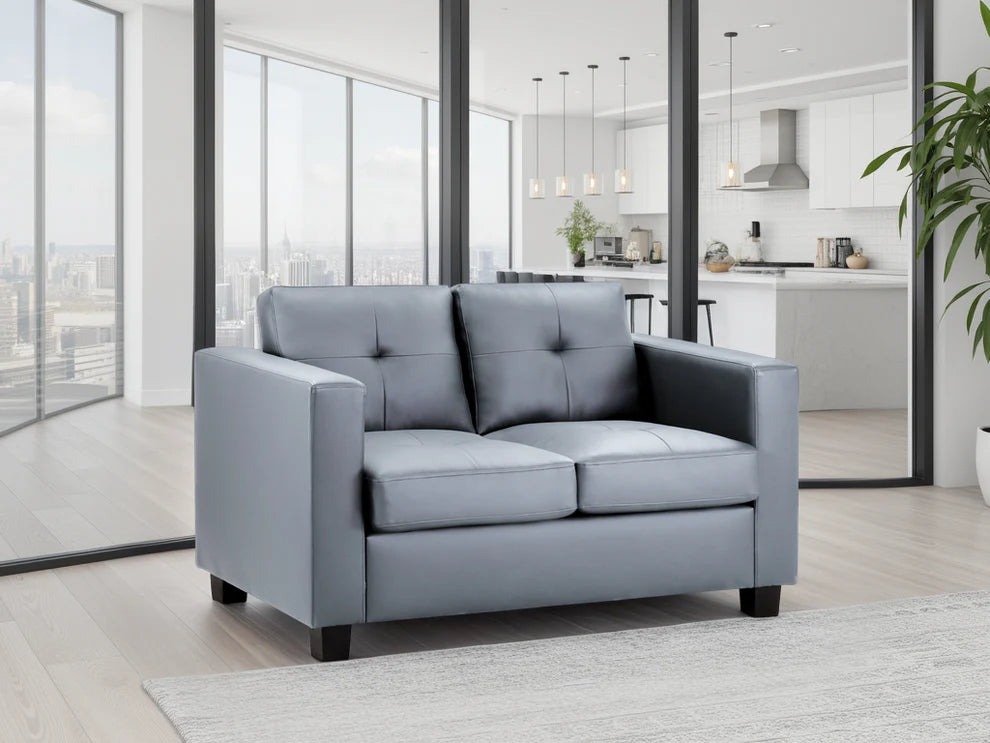 Grey Leather Effect 2 Seater Sofa Boxy Shaped